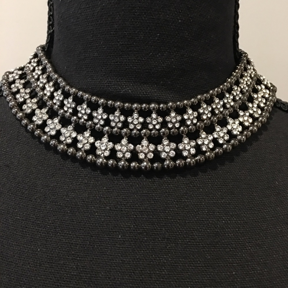 Gunmetal and White Stone Necklace